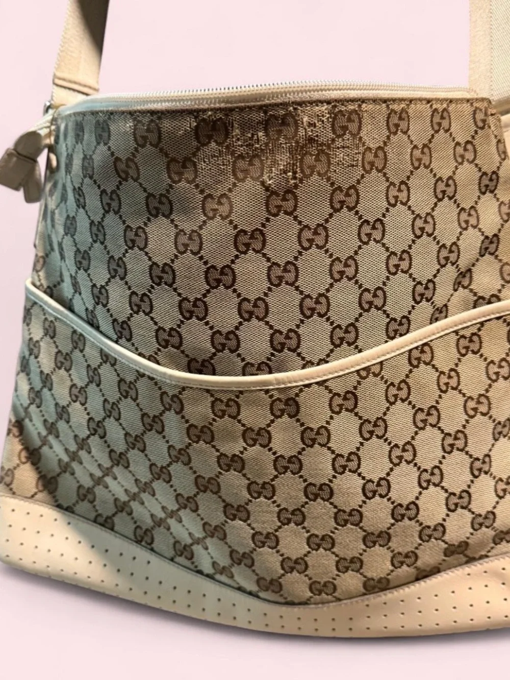 Gucci Brown/Beige Monogram Canvas Shoulder Bag with White Leather Accents